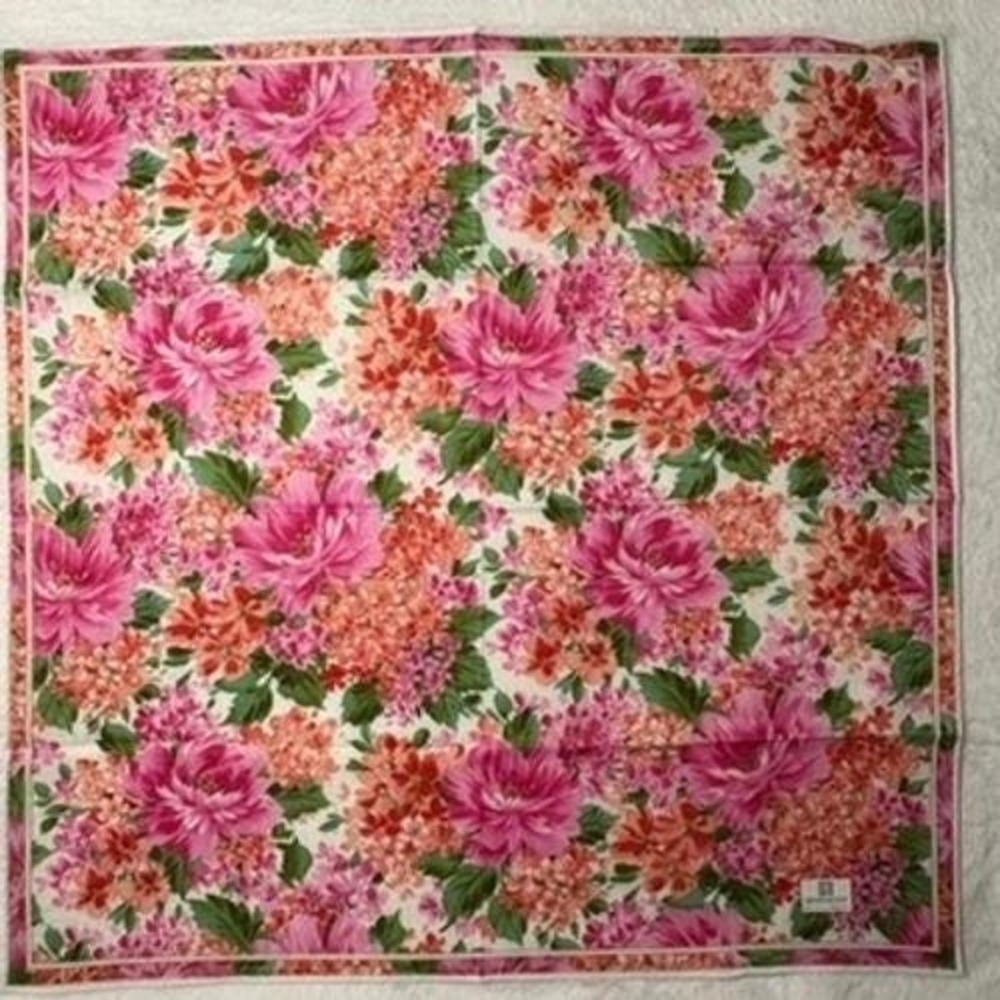 Vtg GIVENCHY Scarf Handkerchief Floral Pink Orange Multi 18.5"